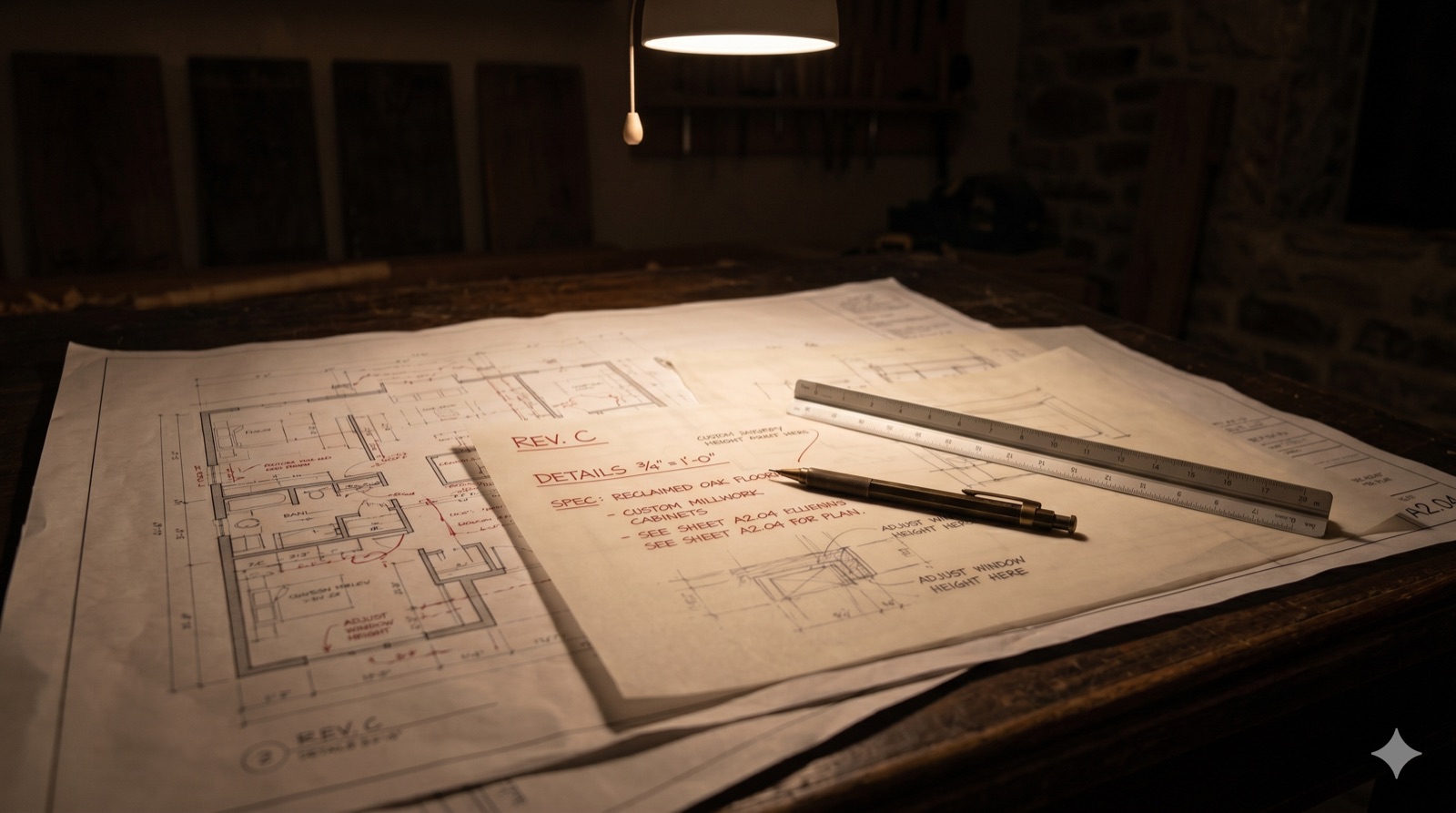 Plans de construction annotés sur la table de travail d'un maître d'œuvre