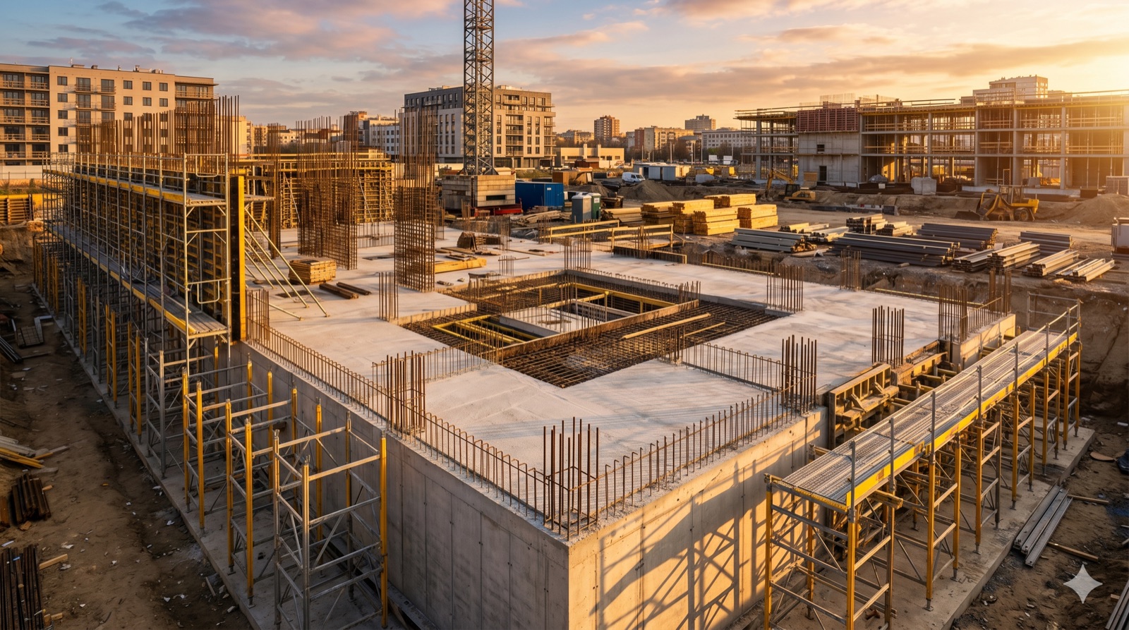 Chantier de construction suivi par un maître d'œuvre, ossature et murs en cours d'élévation