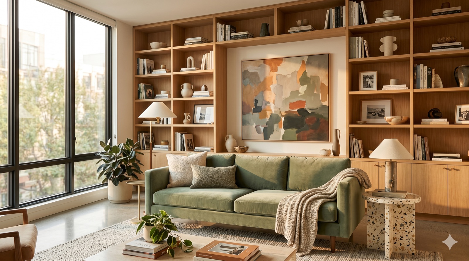 Salon avec canapé et bibliothèques en bois clair