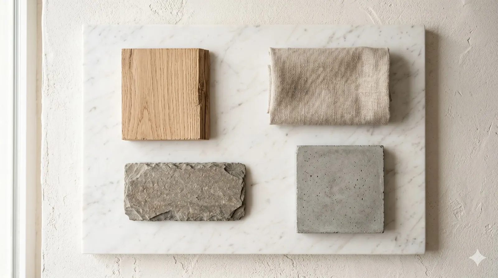 Échantillons de matériaux (bois, pierre, lin, béton) sur une plaque de marbre