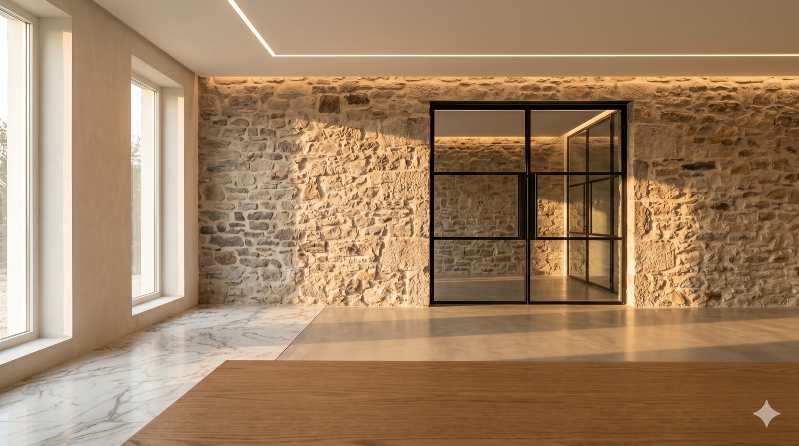 Pièce avec mur en pierres apparentes et verrière en acier noir